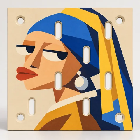 AI-rendered concept of the PegCanvas portrait artwork on a colorful pegboard panel.