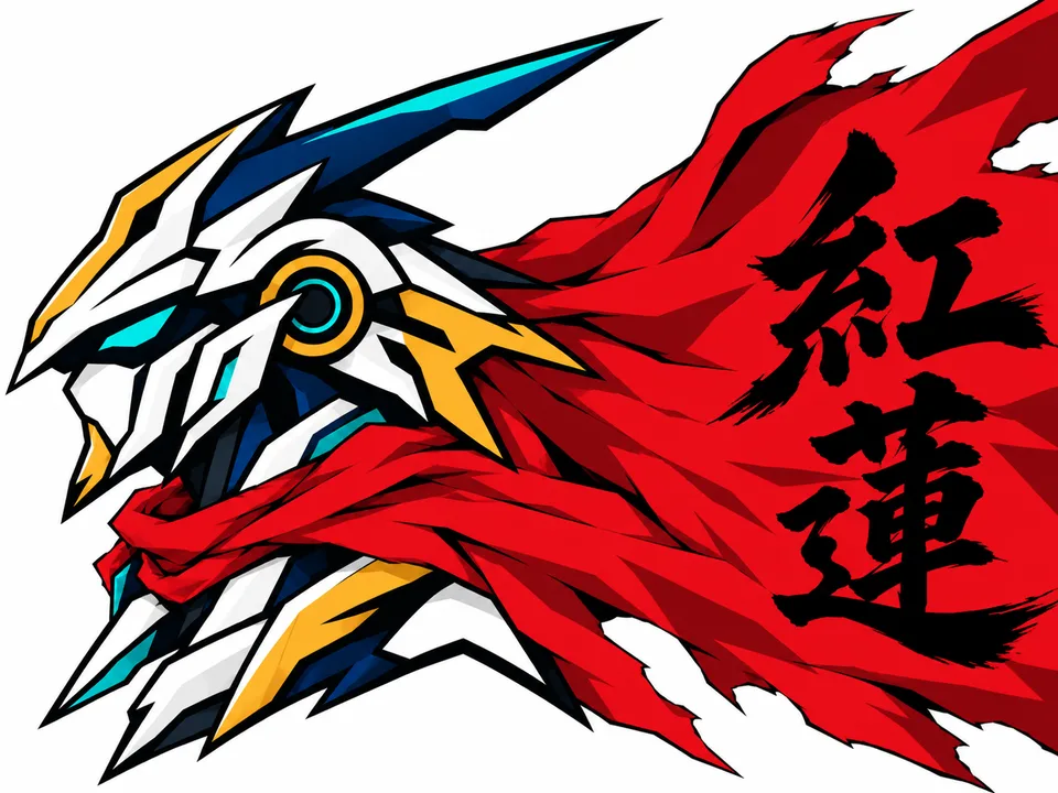 Original mech knight illustration with a red cape and Chinese calligraphy