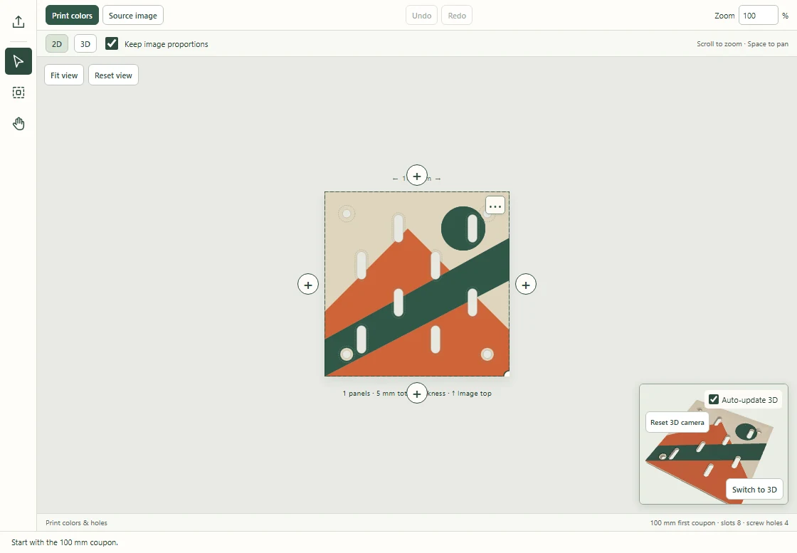 The working PegCanvas prototype, showing pegboard artwork, canvas controls and a read-only 3D preview.