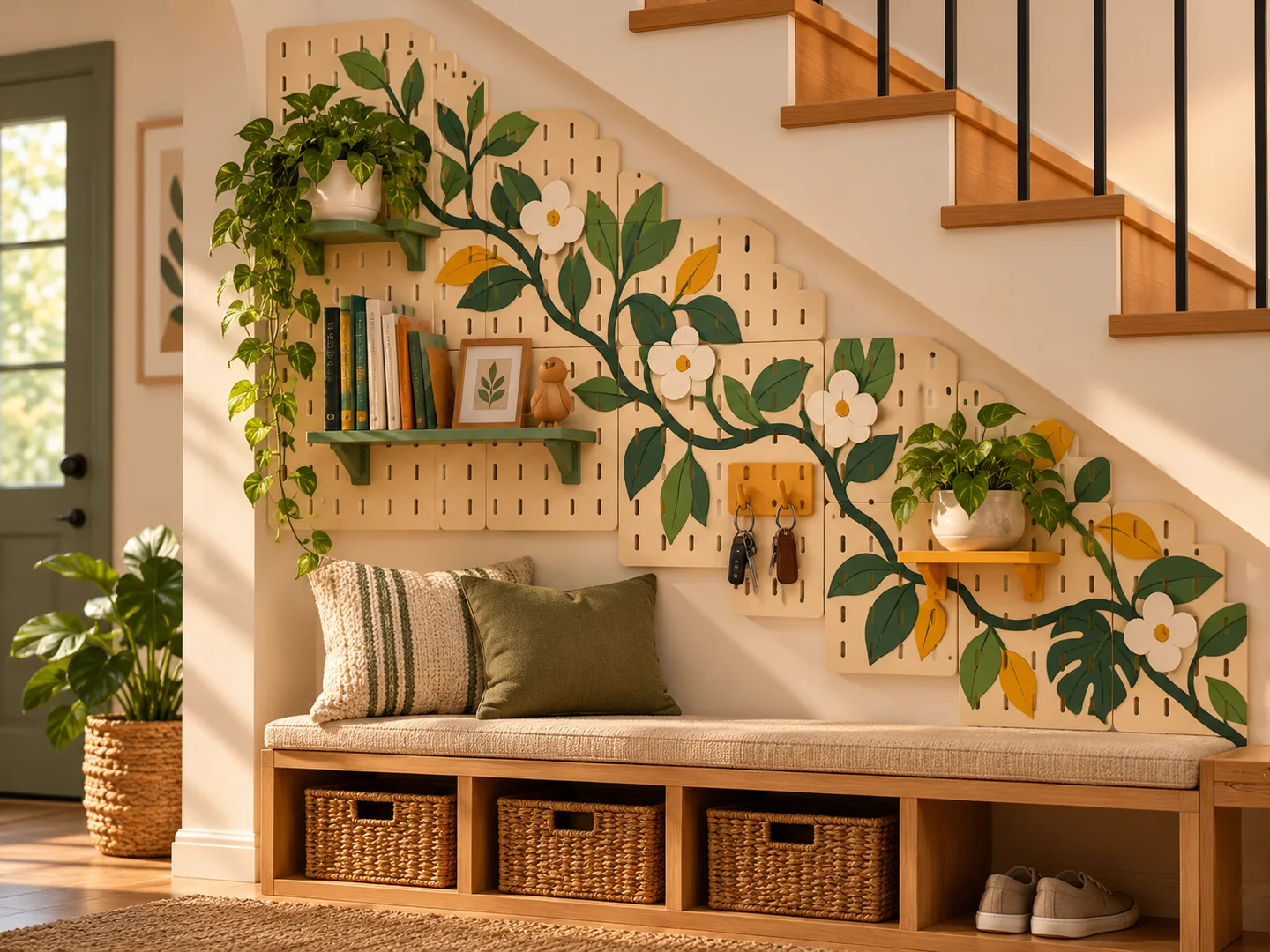 AI concept: entryway wall with a botanical design spanning several pegboards