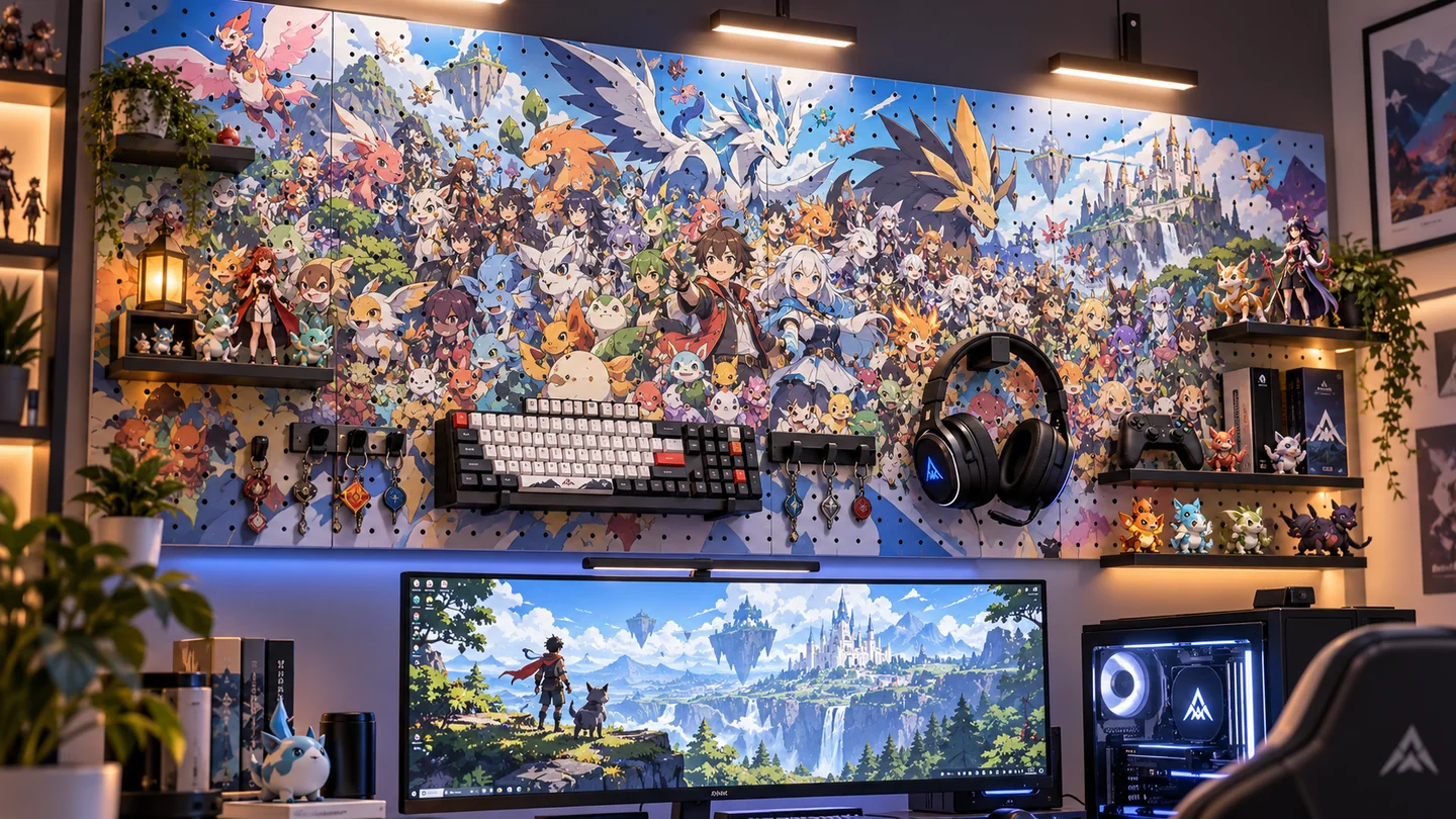 AI concept: fantasy-illustration pegboard wall above a gaming desk, holding a headset and controller