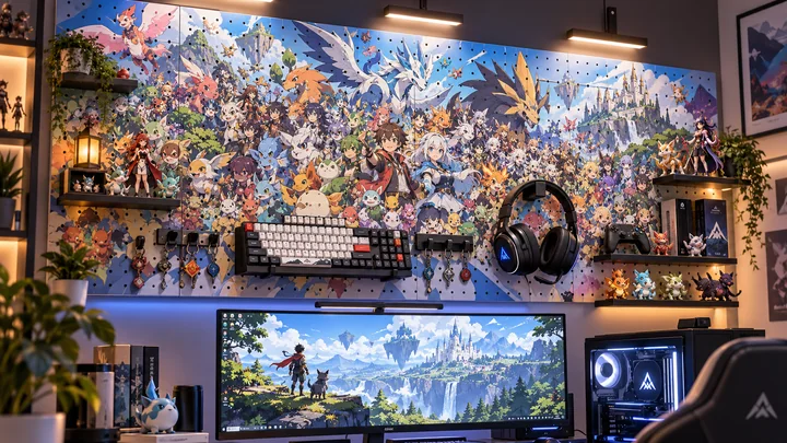 AI-rendered gaming-desk concept with a fantasy illustrated pegboard, collectibles and desk accessories.