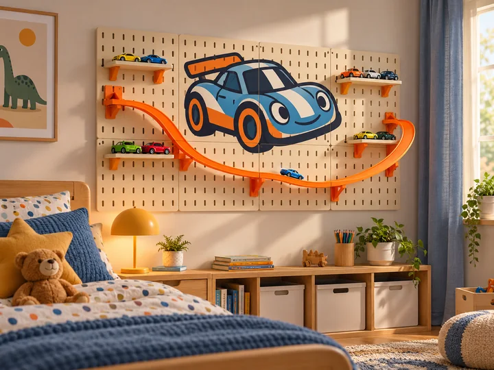 AI-rendered children's room concept with a playful racing-car pegboard wall and toy-track accessories.