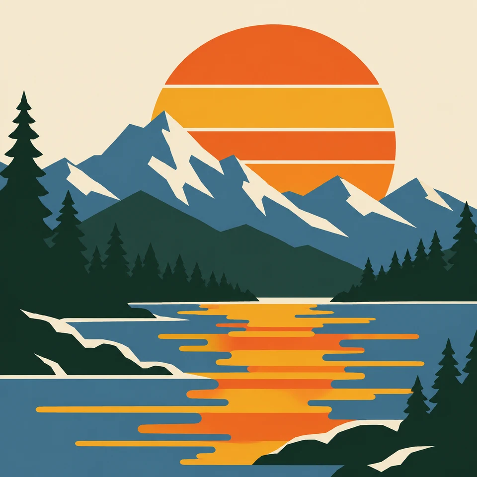 Original mountain lake sunset illustration with a striped orange sun, peaks, pine trees and reflections