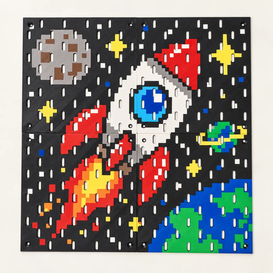Four printed pegboard panels form a pixel-art rocket, moon, stars and Earth